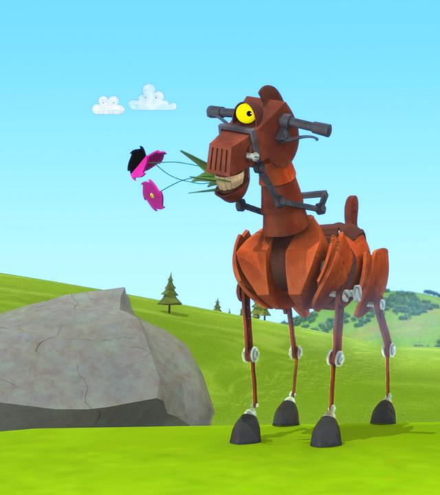 Zwei sichtlich verliebte Pferde stehen nebeneinander und werfen sich verstohlene Blicke zu. Feuerstuhl hält Blumen im Maul. 