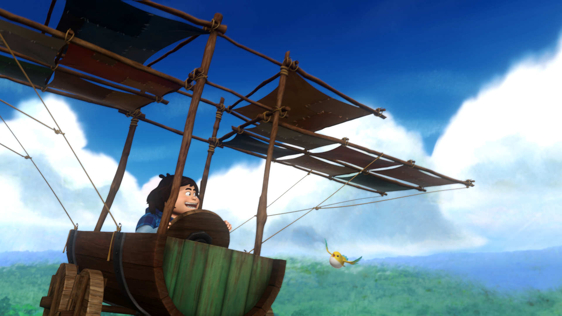 Tuck fliegt mit der Flugmaschine. Begeistert blickt er zu einem Vogel hinüber, der neben ihm fliegt.