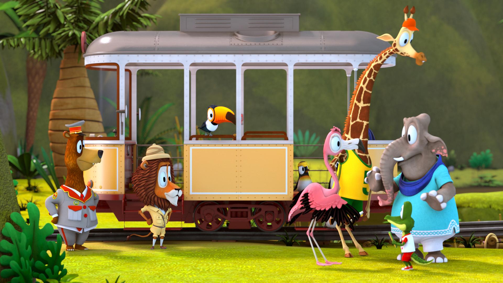 Die Zootiere stehen vor einem Bahnwaggon. Flora spricht mit Zacki, Bruno und Frau Emily.