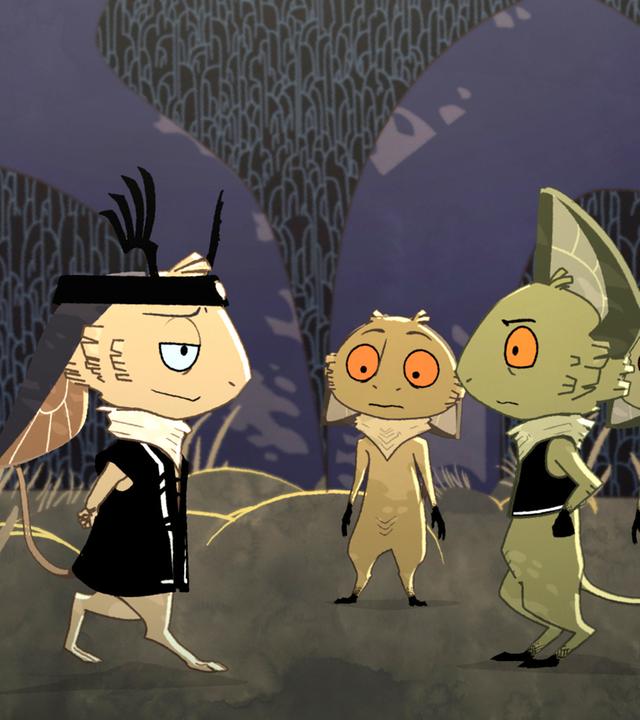 Es ist Nacht und im Gras haben sich die Kobolde versammelt. Wace steht dem neuen Anführer Kin gegenüber. Die Augen des neuen Anführers leuchten blau und die der anderen Kobolde orange.