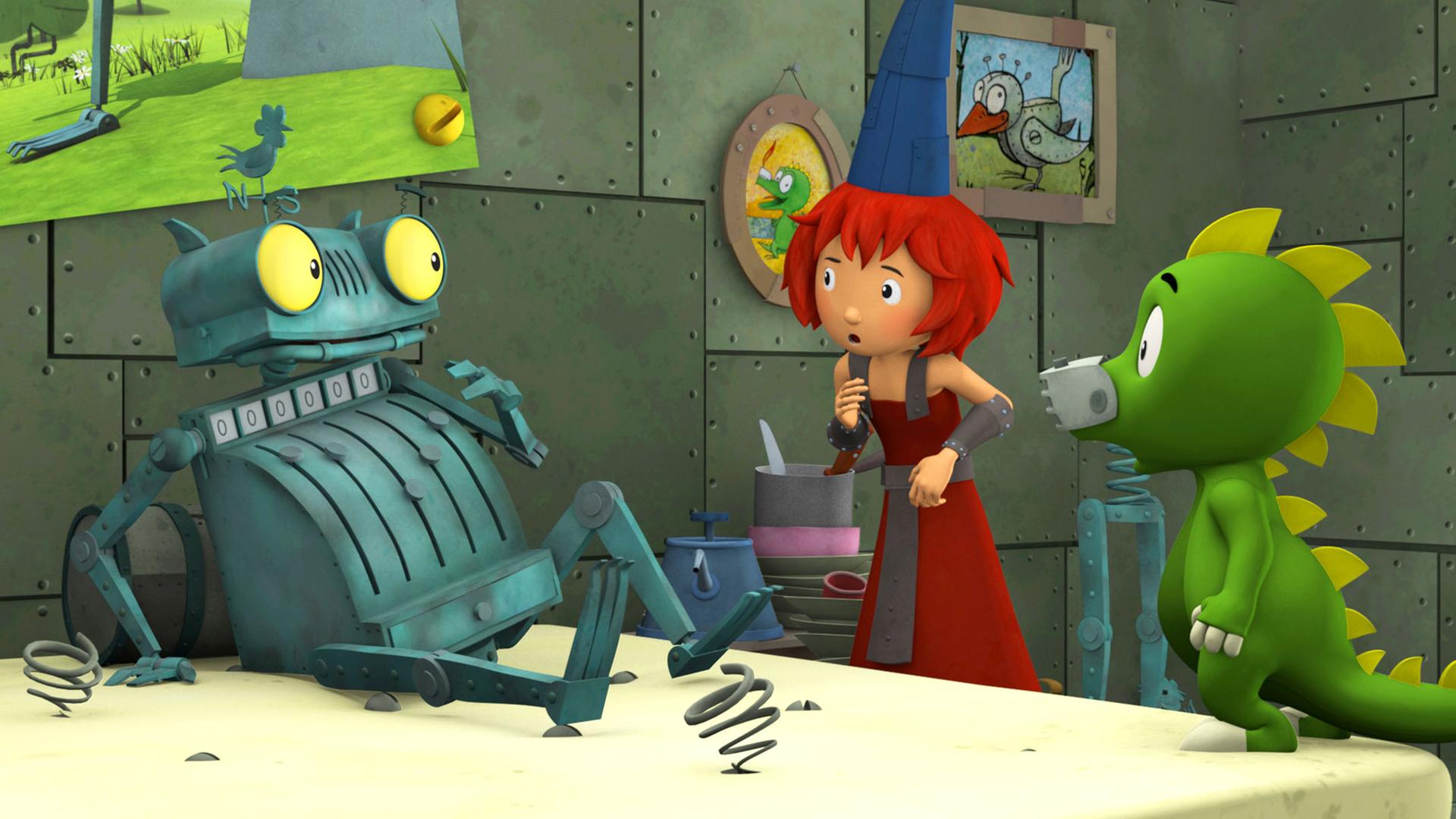 Ritter Rost liegt in seinem Bett. Beim Anblick von seinen Freunden Bö und Koks schreckt er zurück.