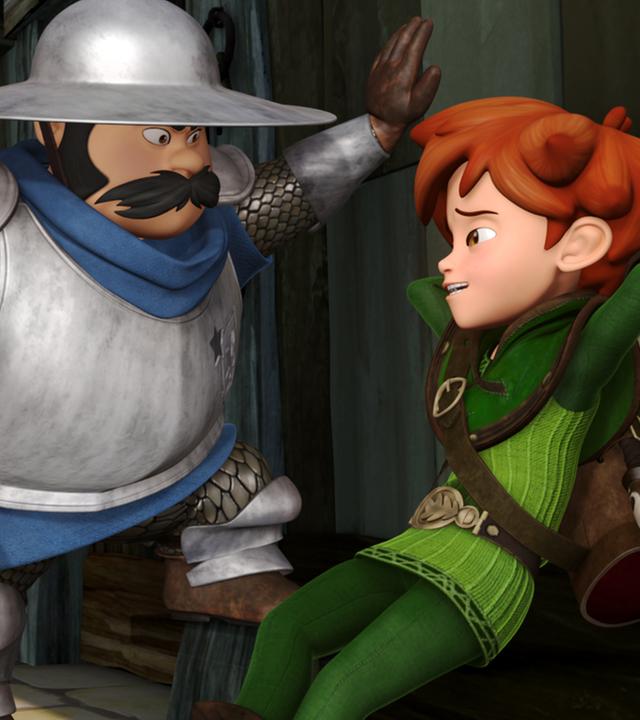 Der Sheriff spricht mit Robin Hood und stützt sich an der Wand ab.