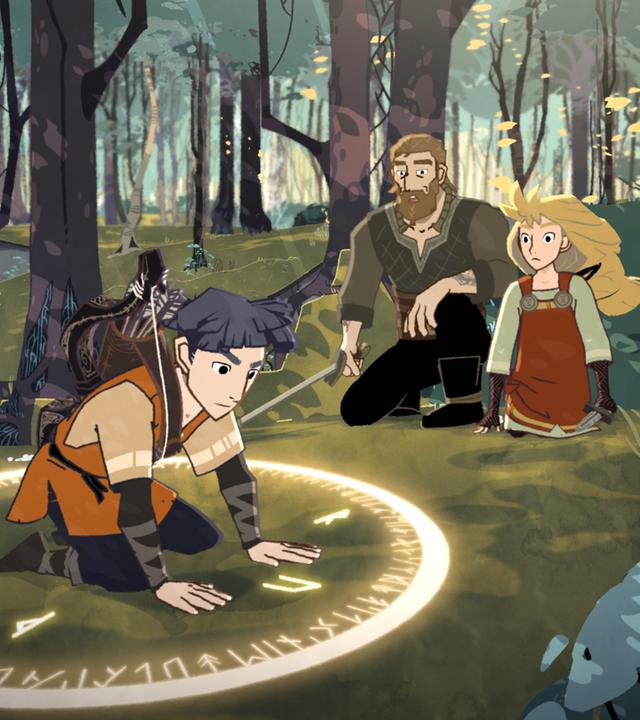 Umgeben von kleinen Felsen leuchtet im Wald ein Kreis mit kryptischen Zeichen: es sind Runen. Hugo kniet in diesem Kreis und hat beide Hände in den Kreis gelegt. Einige Runen um ihn herum leuchten auf. Dagmar und Alice knien außerhalb des Kreises und schauen gespannt auf Hugo.