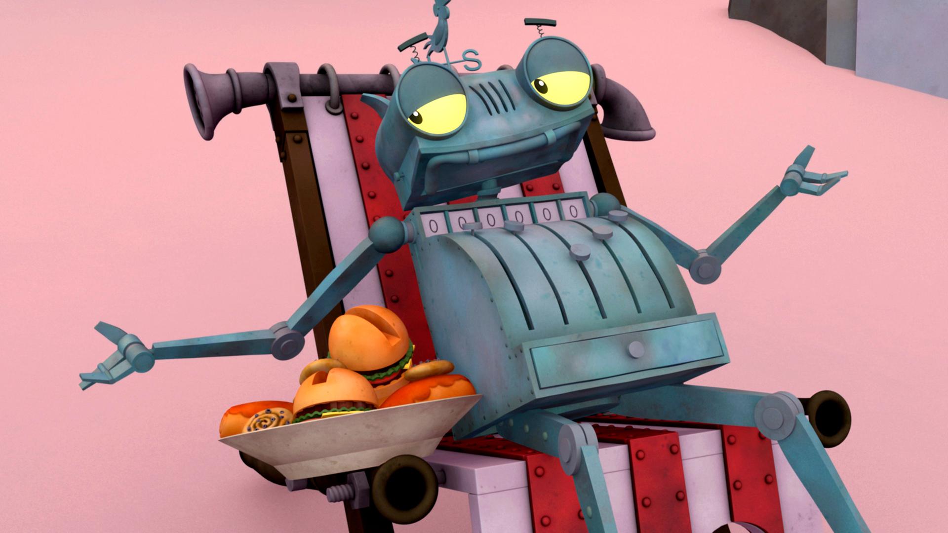 Rösti liegt ganz entspannt auf der Sonnenliege. Neben ihm steht ein Teller voller Burger und Snacks.