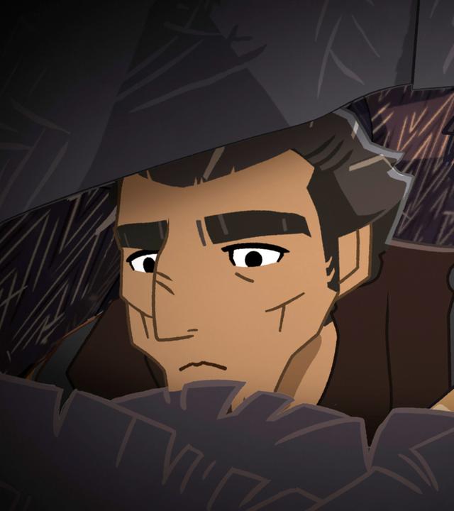 Hugo und Osbern haben sich hinter einem Busch versteckt und beobachten etwas. Ihre Gesichter schauen besorgt zwischen den Zweigen hervor.