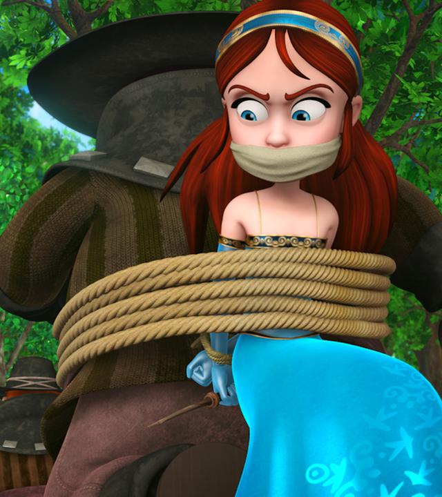 Marian ist gefesselt und geknebelt. Sie wird von einem ihrer Entführer auf dem Rücken getragen.