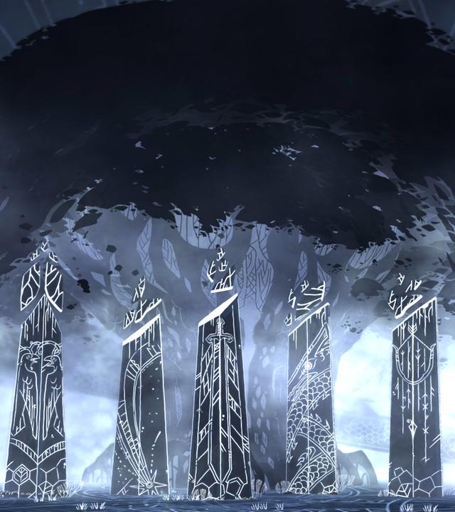 Es ist Nacht. Vor einem großen, dunklen Baum namens Yggdrasil stehen neun magische Pfeiler.