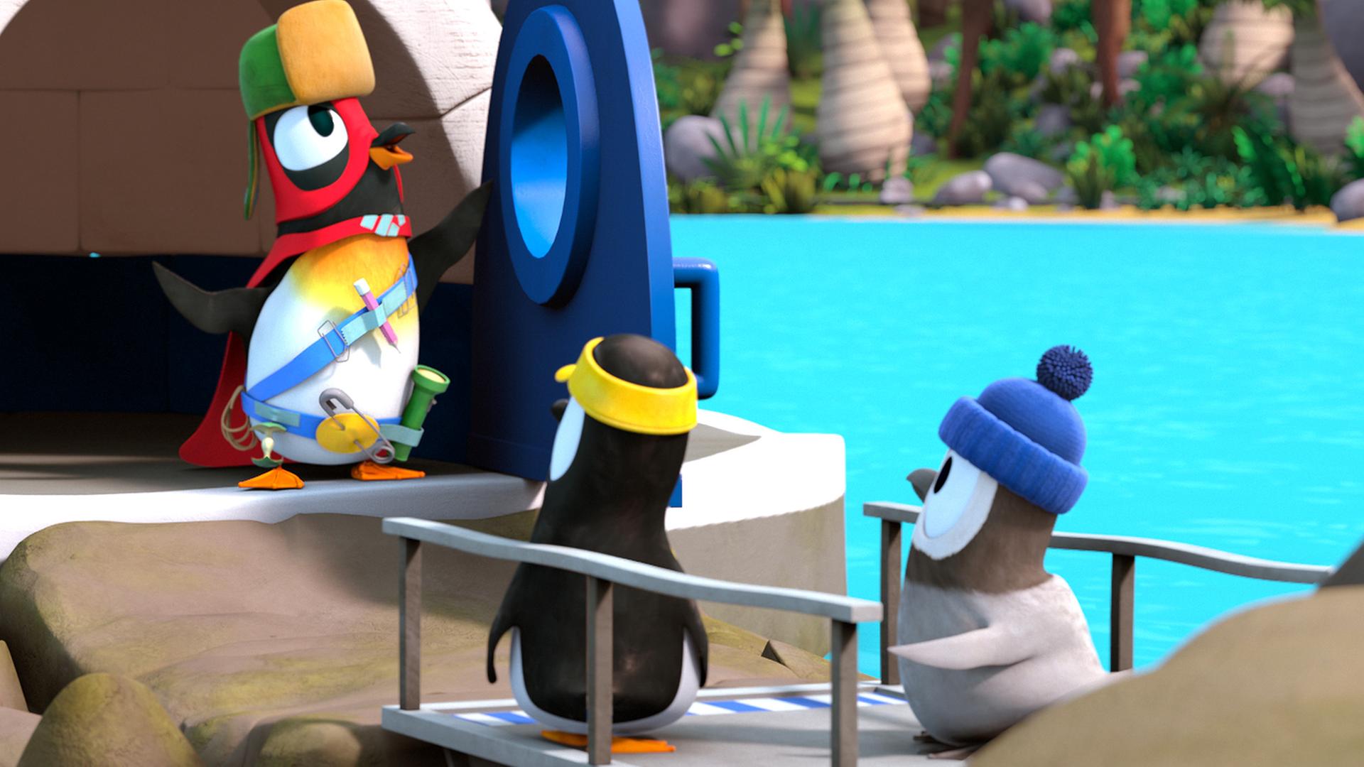 Jonathan steht als Superheld verkleidet vor den anderen Pinguinen.