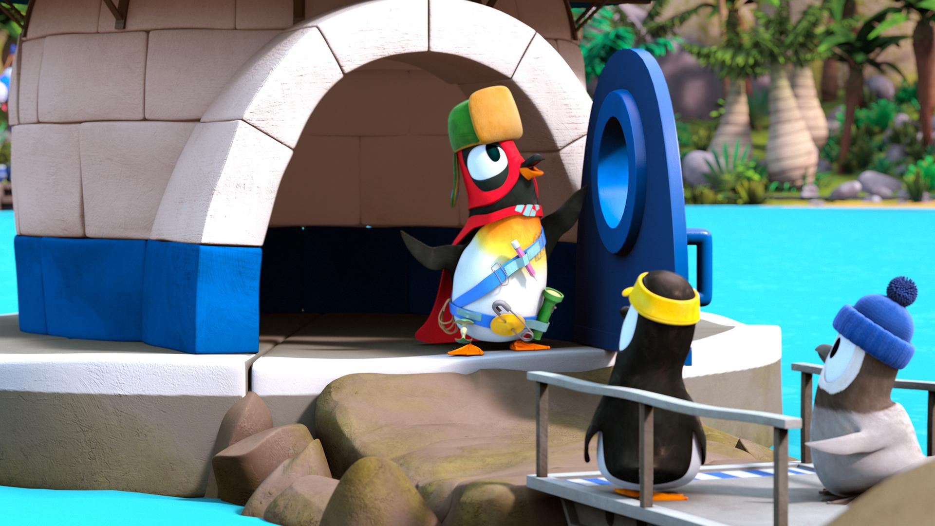 Jonathan steht als Superheld verkleidet vor den anderen Pinguinen.