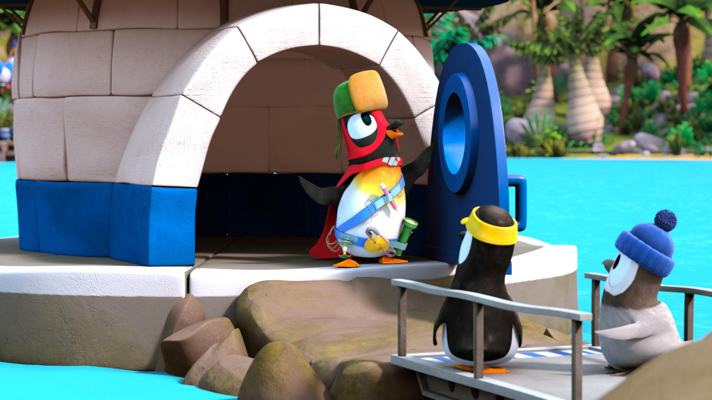 Jonathan steht als Superheld verkleidet vor den anderen Pinguinen.