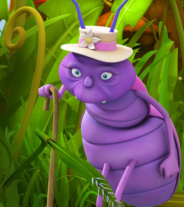 Frau Rosi (links), Willi und Maja streifen durch die Wiese. Frau Rosi stützt sich dabei auf einen Stock.