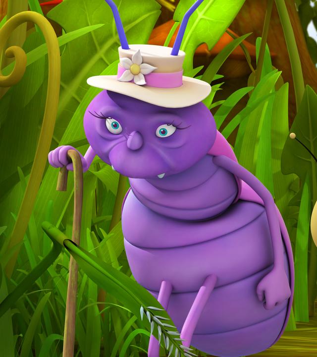 Frau Rosi (links), Willi und Maja streifen durch die Wiese. Frau Rosi stützt sich dabei auf einen Stock.