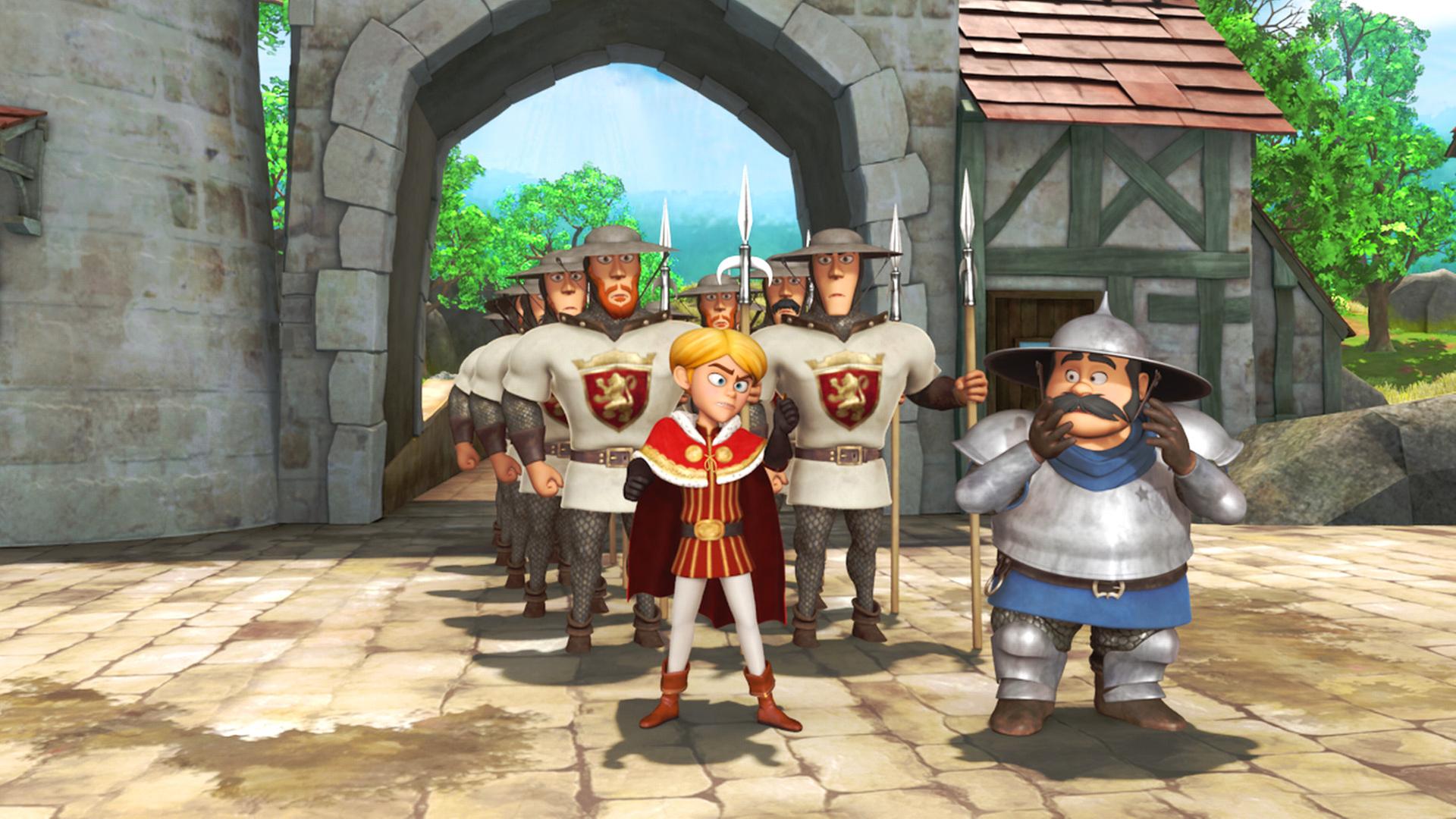 Prinz John (links im Vordergrund) zusammen mit dem Sheriff (rechts) und dahinter einige Soldaten kommen durch das Tor von Nottingham.