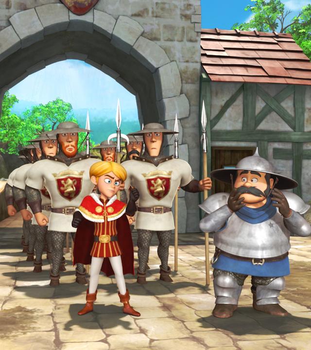 Prinz John zusammen mit dem Sheriff und dahinter einige Soldaten kommen durch das Tor von Nottingham.