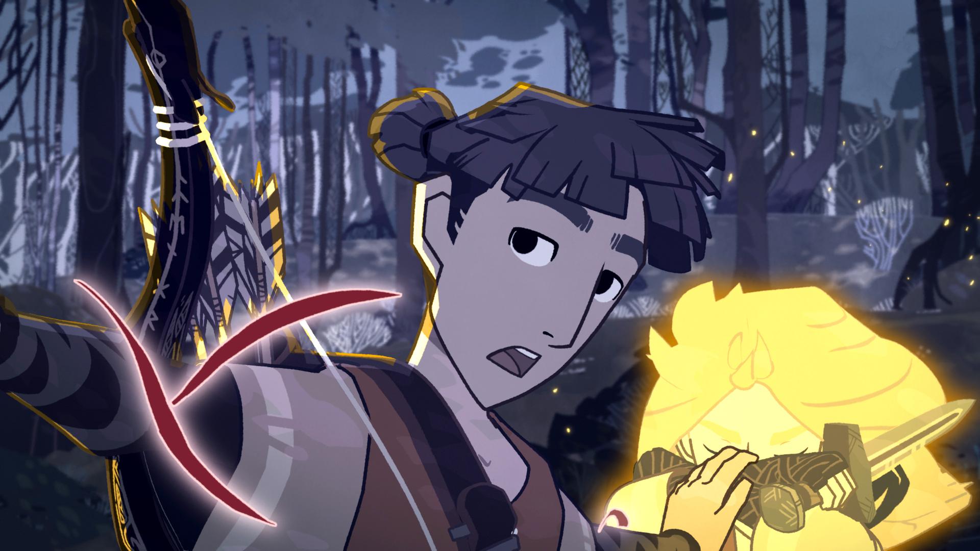 Es ist dunkel im Wald. Alice kniet auf dem Boden und wird von einem magischen Licht hell erleuchtet. Sie hält schützend ihre rechte Hand, in der sie auch ihr Schwert festhält, vor ihre Augen. Hugo steht vor ihr und hält sie an ihrem Arm fest. Auch er wird von dem magischen Licht getroffen.