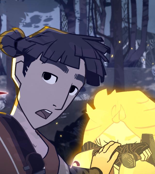 Es ist dunkel im Wald. Alice kniet auf dem Boden und wird von einem magischen Licht hell erleuchtet. Sie hält schützend ihre rechte Hand, in der sie auch ihr Schwert festhält, vor ihre Augen. Hugo steht vor ihr und hält sie an ihrem Arm fest. Auch er wird von dem magischen Licht getroffen.