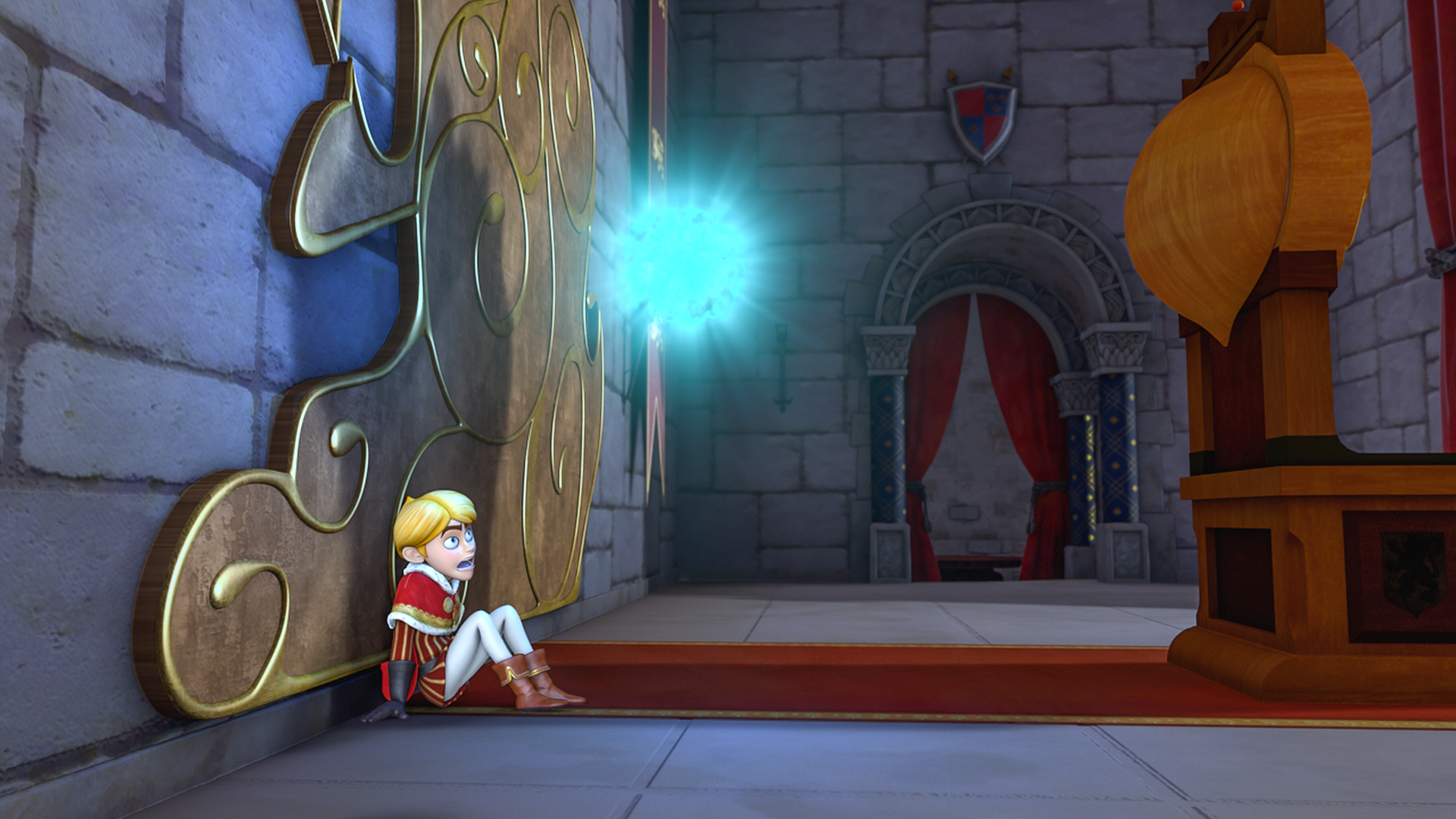 Prinz John sitzt mit furchterfülltem Gesicht auf dem Boden. Über ihm schwebt eine leuchtend blaue Kugel.