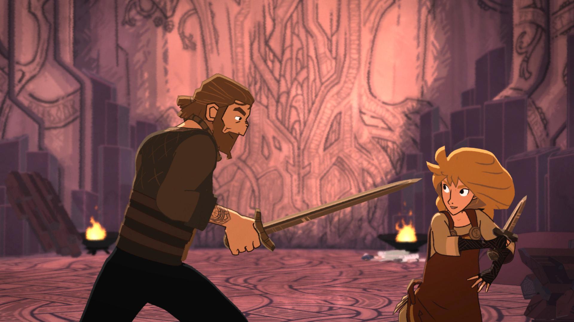 Dagmar und Alice stehen sich in der Höhle gegenüber. Beide haben ein Schwert in der Hand und duellieren sich. In der Höhle brennen links und rechts zwei Feuerschalen.