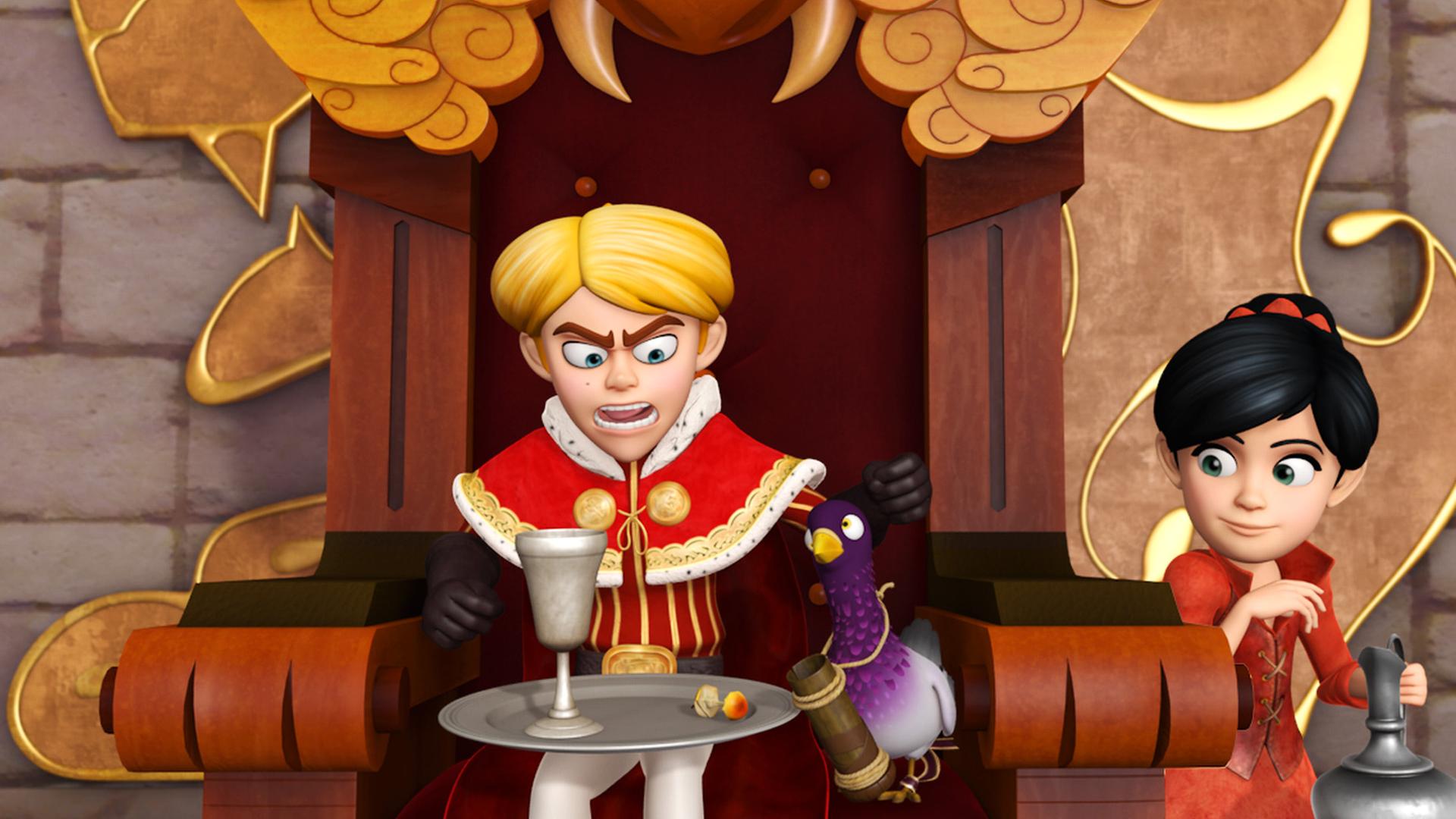 Scarlett steht neben dem Thron und lenkt mit einem Getränkepokal Prinz John ab, damit er die auf Pergament geschriebenen Zaubersprüche der Brieftabue nicht lesen kann.