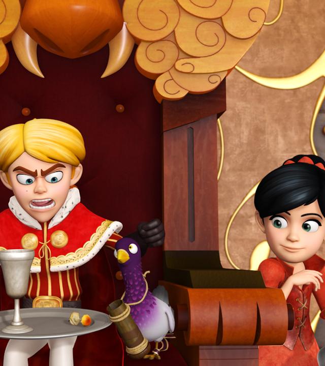 Scarlett steht neben dem Thron und lenkt mit einem Getränkepokal Prinz John ab, damit er die auf Pergament geschriebenen Zaubersprüche der Brieftabue nicht lesen kann.