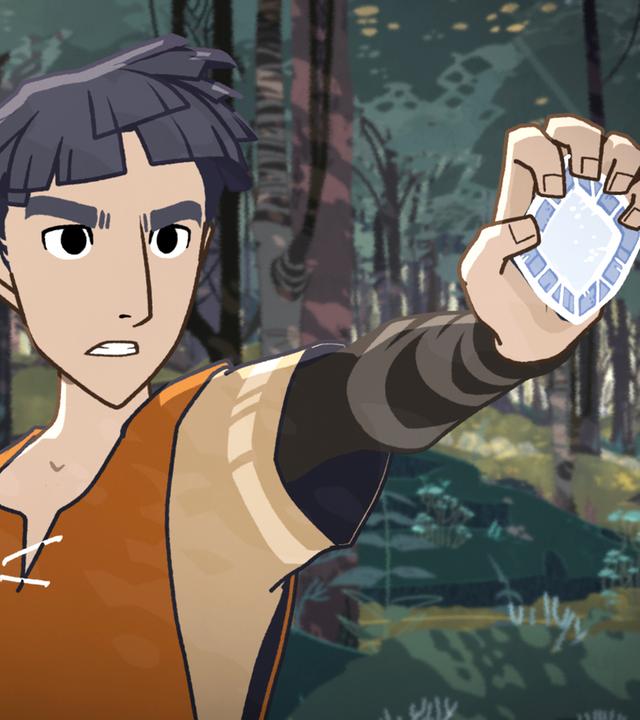 Es ist Tag und Hugo steht mitten im Wald. Er hält mit entschlossenem Gesichtsausdruck mit seiner linken Hand und mit ausgestrecktem Arm eine Art Amulett nach vorne.