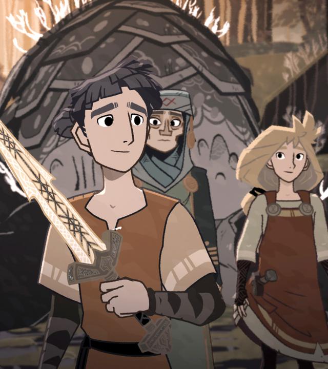 Draußen im Wald steht Hugo stolz mit seinem großen Schwert. Er hält es angriffslustig vor sich. Hinter ihm steht Algythe, die zu Hugo nach vorne schaut. Rechts neben Algythe steht Alice, die vertrauensvoll zu Hugo blickt.