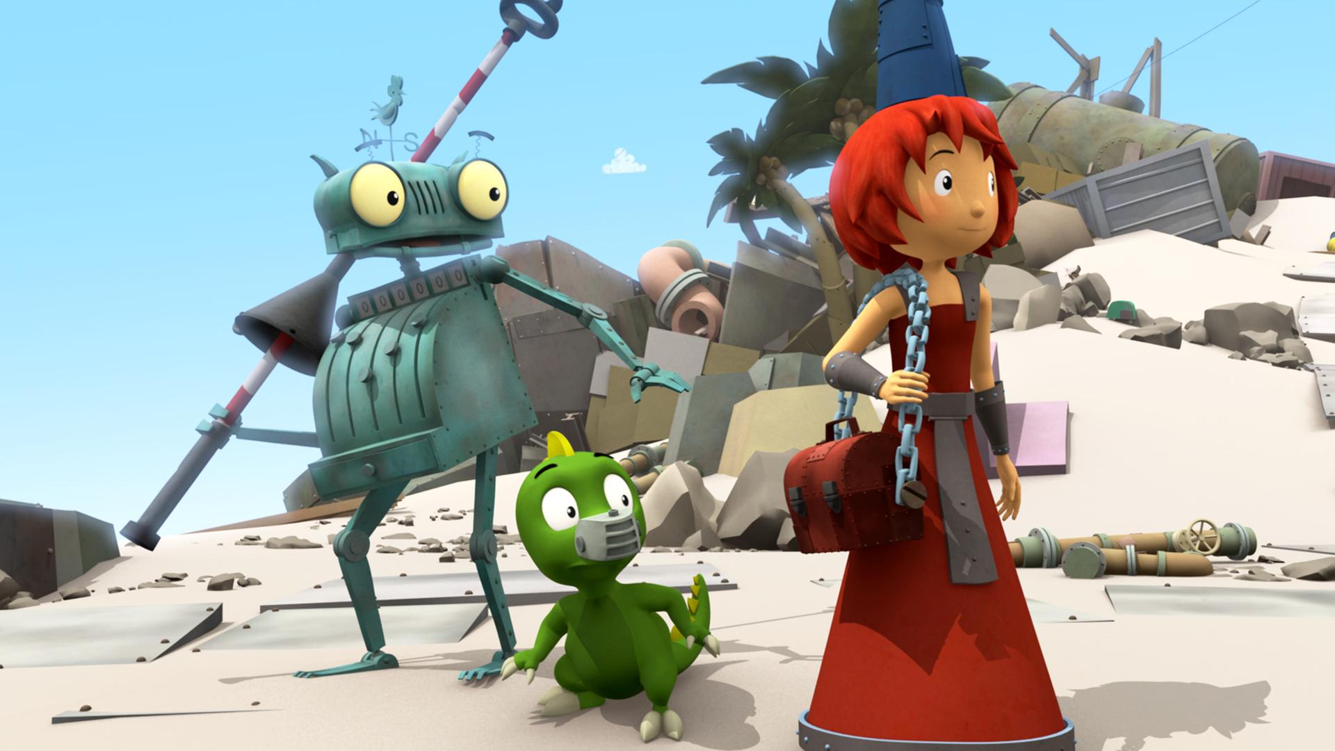 Rösti und seine Freunde, Koks und Bö, entdecken etwas in der Ferne am Strand.