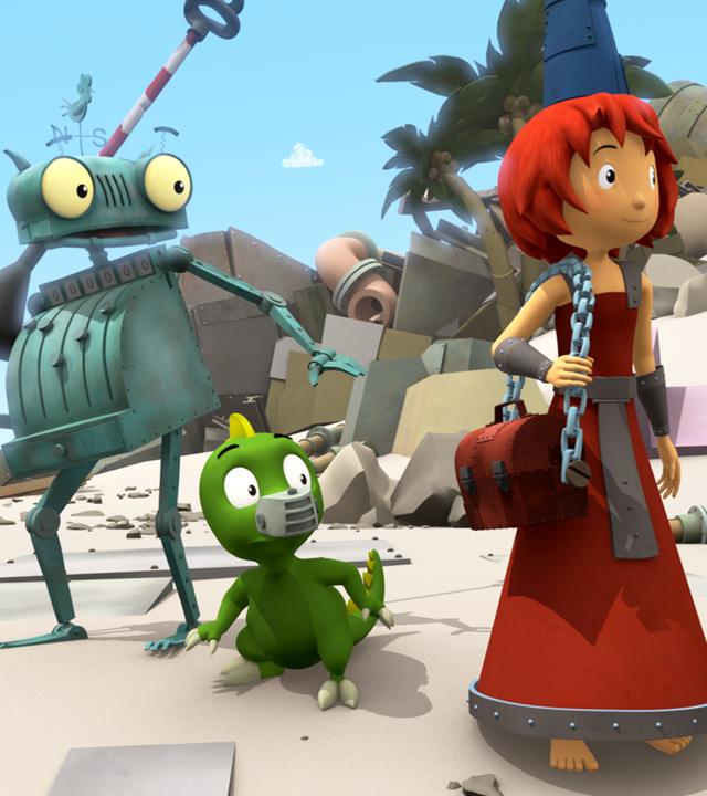 Rösti und seine Freunde, Koks und Bö, entdecken etwas in der Ferne am Strand.