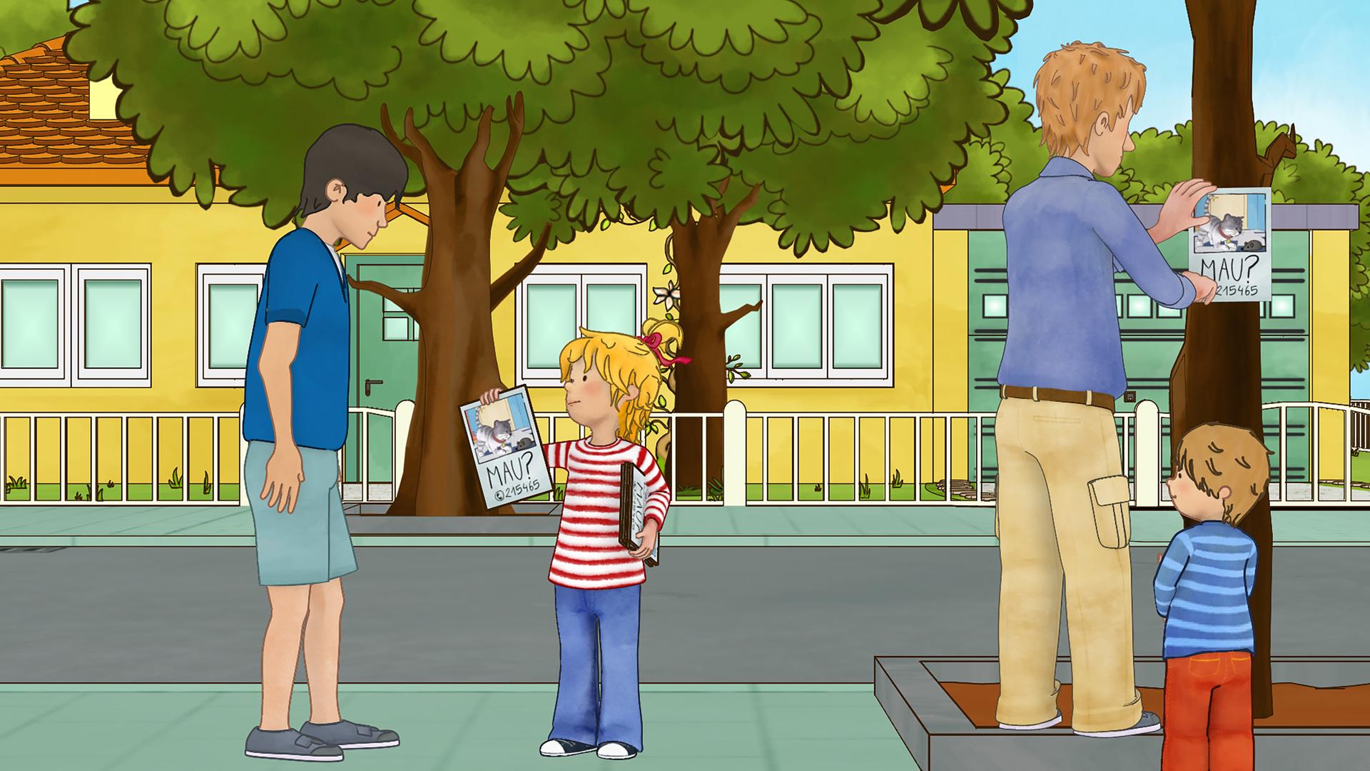 Conni spricht einen Jungen auf der Straße an und zeigt ihm ihr Suchplakat. Connis Papa hängt auch ein Plakat an den Baum. Jakob steht neben ihm.
