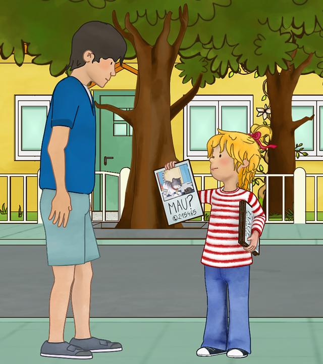 Conni spricht einen Jungen auf der Straße an und zeigt ihm ihr Suchplakat. Connis Papa hängt auch ein Plakat an den Baum. Jakob steht neben ihm.