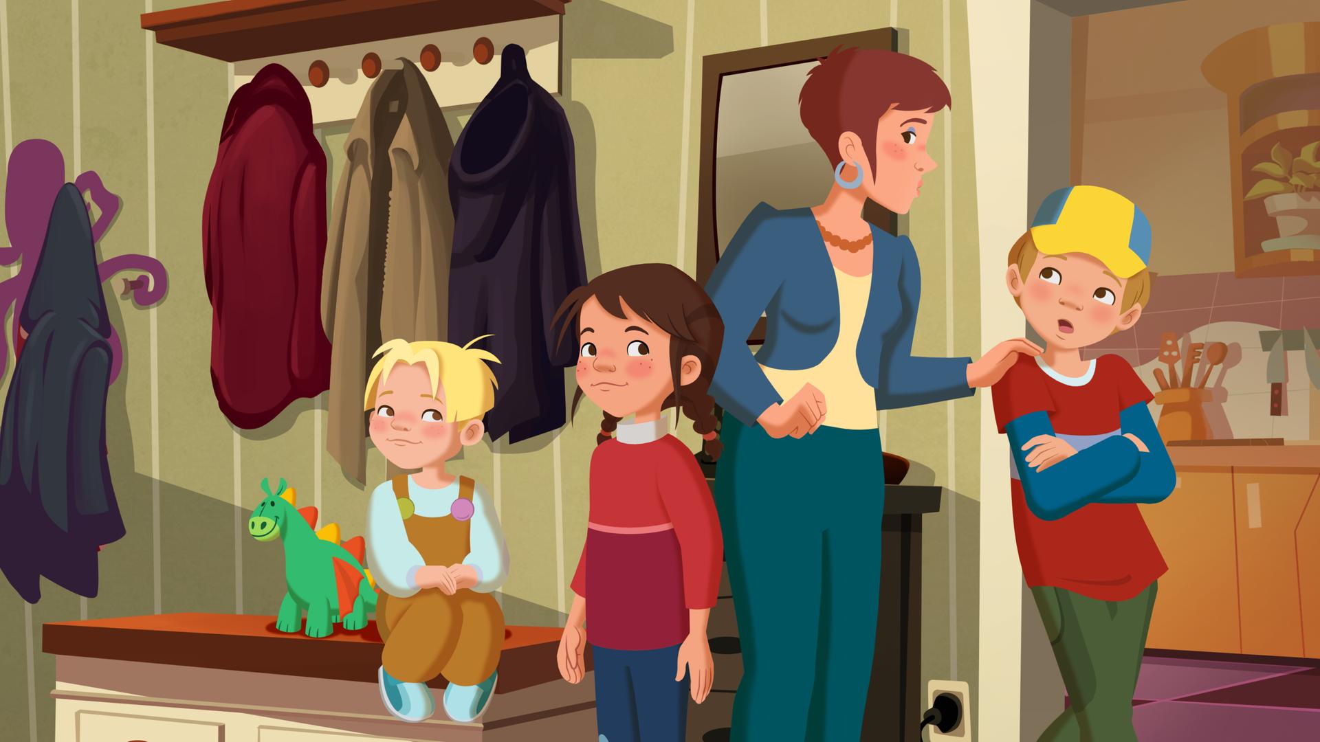 Tara, Petja und Maus werden von ihrer Mutter im Eingangsbereich verabschiedet.