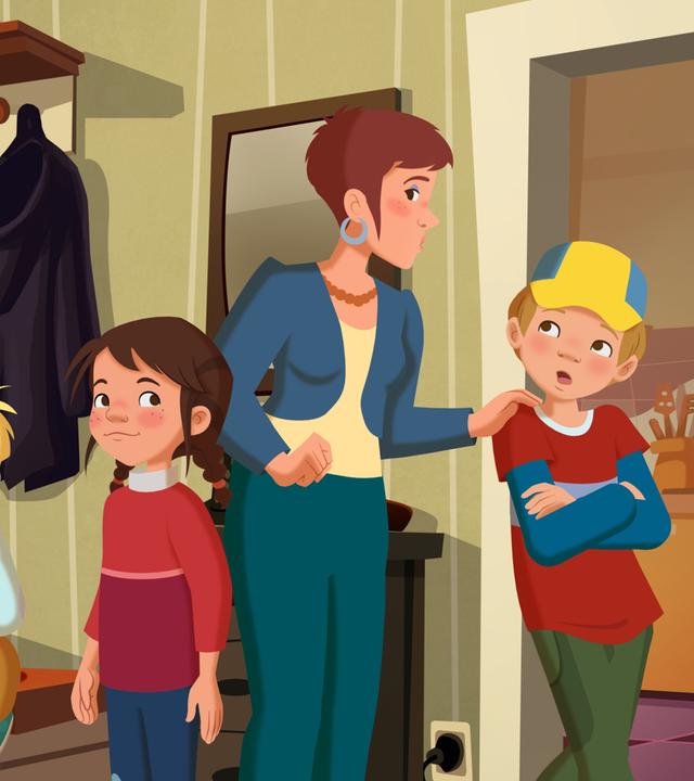 Tara, Petja und Maus werden von ihrer Mutter im Eingangsbereich verabschiedet.