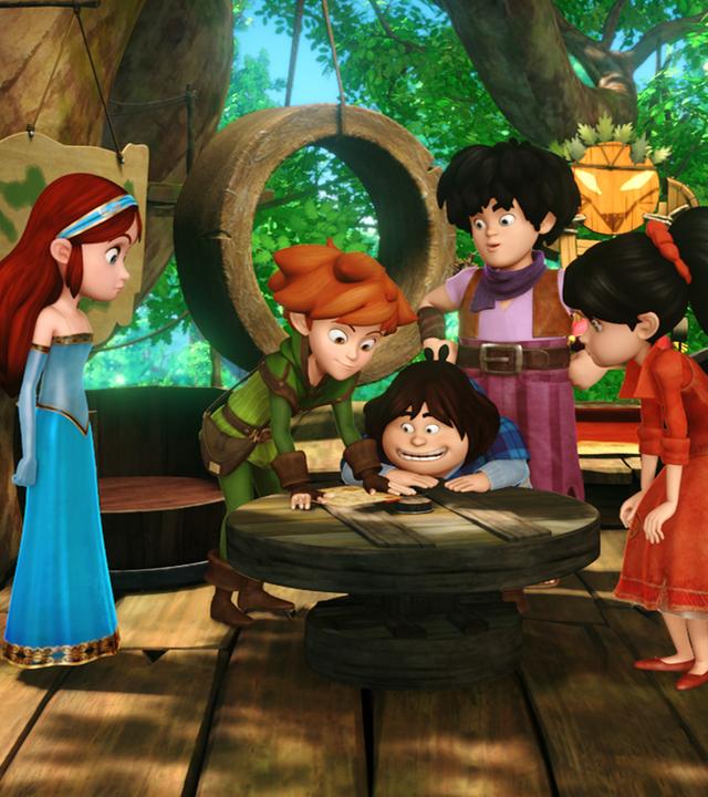 Marian, Robin, Tuck, Little John und Scarlett haben einen königlichen Brief erhalten. Sie haben sich alle neugierig um einen runden Holztisch versammelt und lesen den Brief.