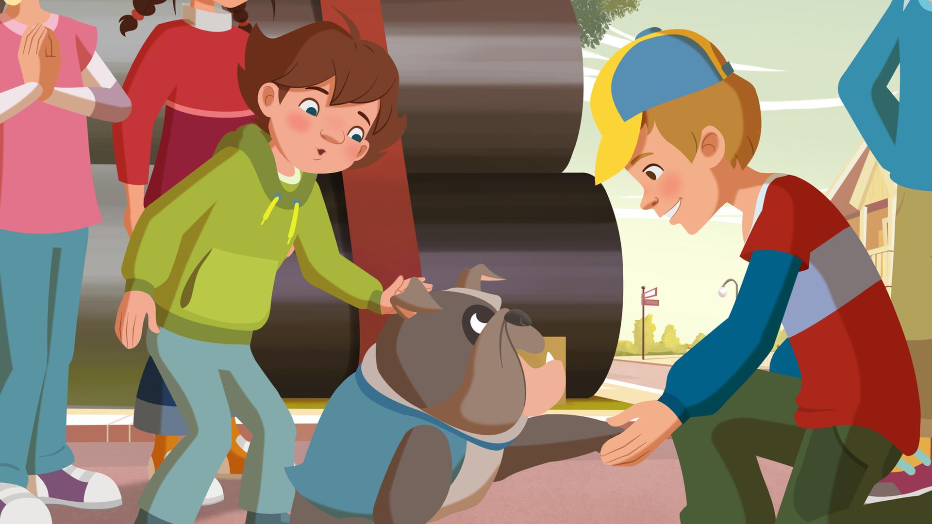 Die Kinder stehen in einem Kreis um den Hund herum. Sie streicheln ihn und der Hund gibt einem der Kinder die Pfote.