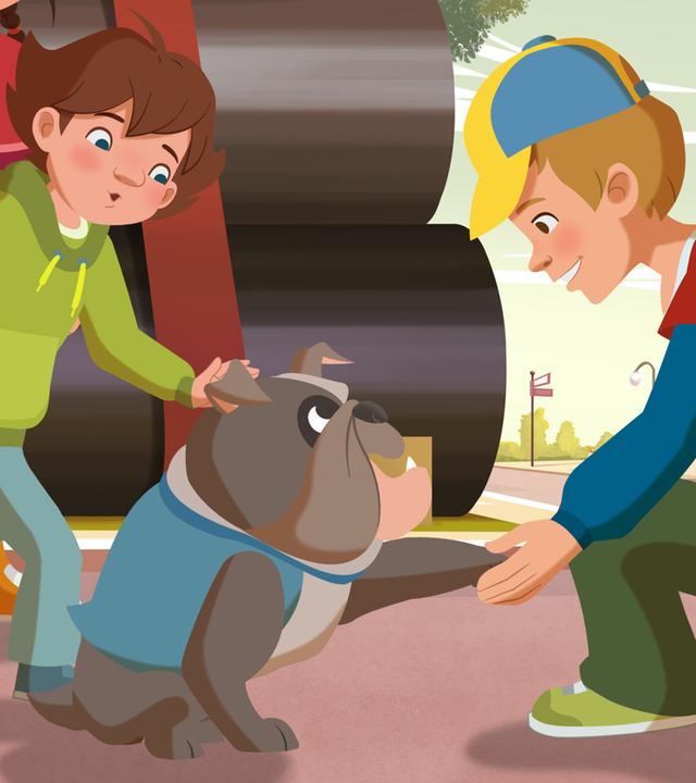 Die Kinder stehen in einem Kreis um den Hund herum. Sie streicheln ihn und der Hund gibt einem der Kinder die Pfote.