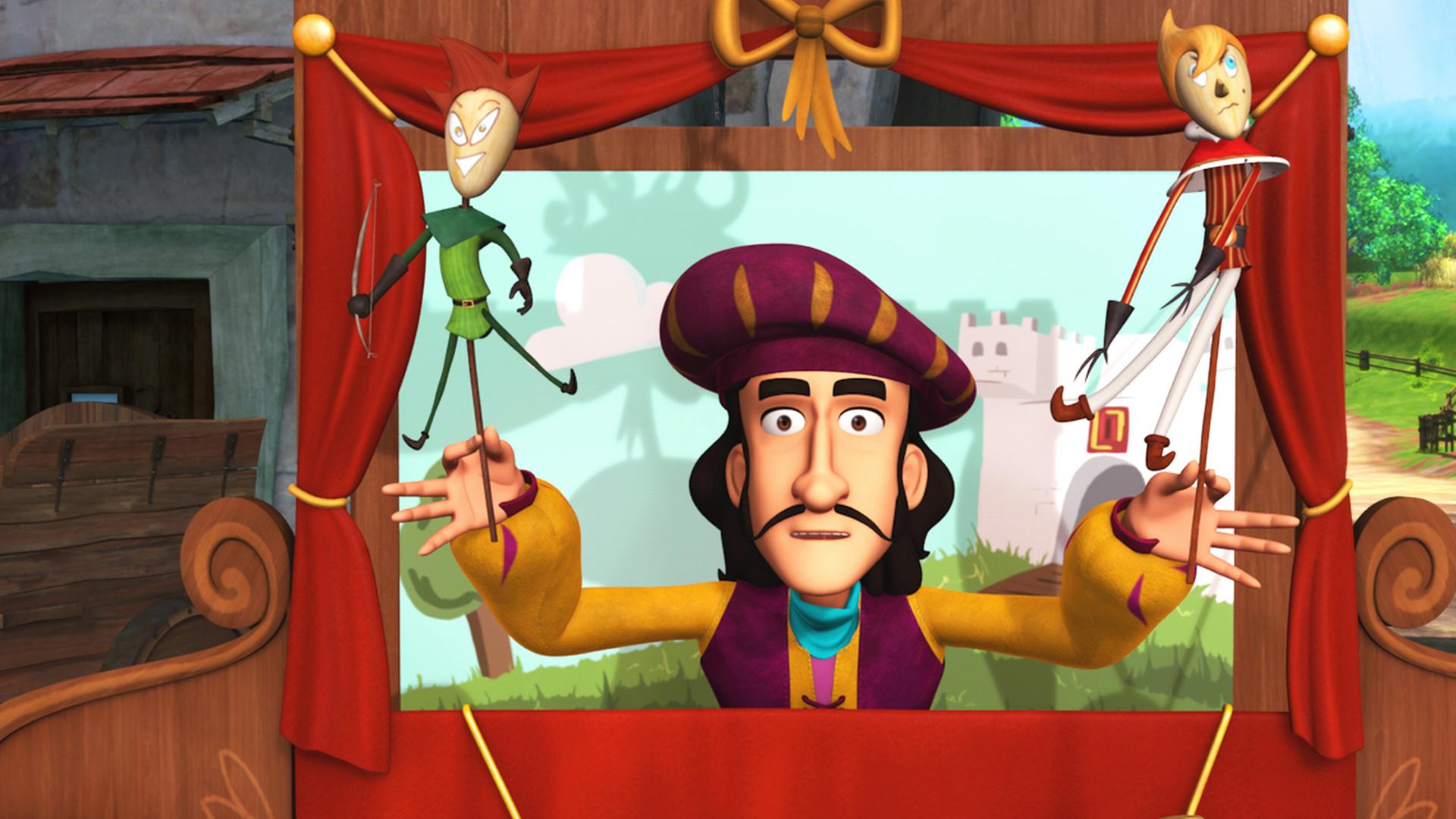 Puppenspieler Manolo Bacco beim Puppenspielen mit einer Robin Hood-Puppe in der einen und einer Prinz John-Puppe in der anderen Hand.
