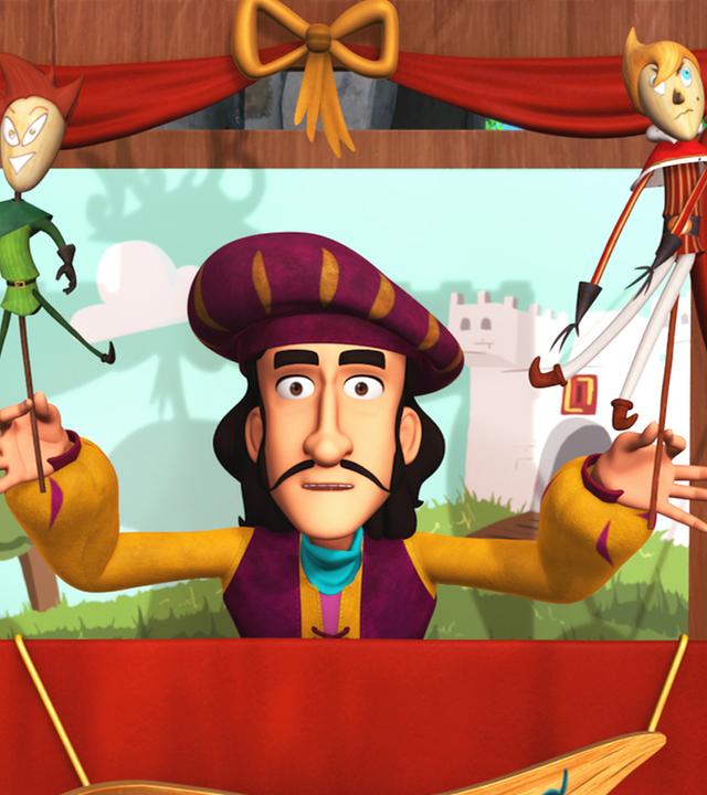 Puppenspieler Manolo Bacco beim Puppenspielen mit einer Robin Hood-Puppe in der einen und einer Prinz John-Puppe in der anderen Hand.