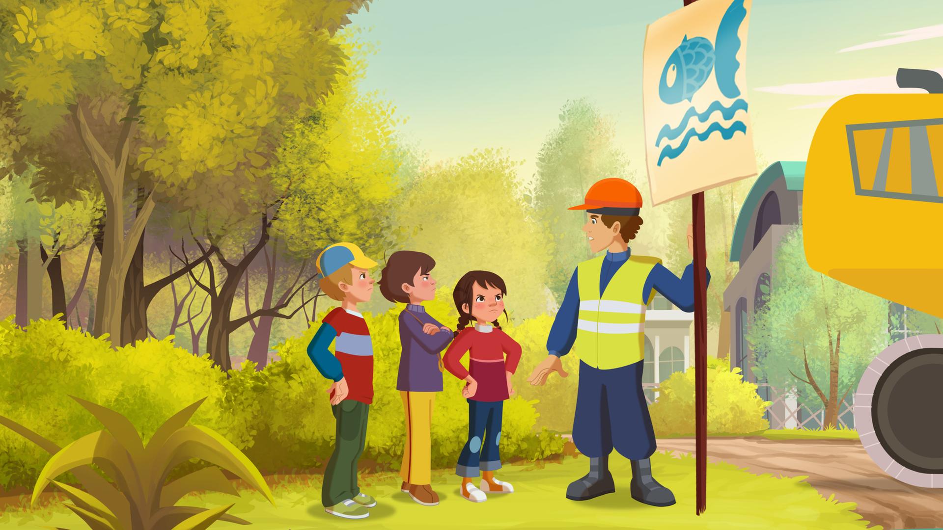 Petja, Jul und Tara reden mit einem Bauarbeiter, weil sie den Teich retten wollen.