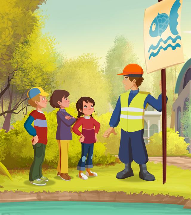 Petja, Jul und Tara reden mit einem Bauarbeiter, weil sie den Teich retten wollen.