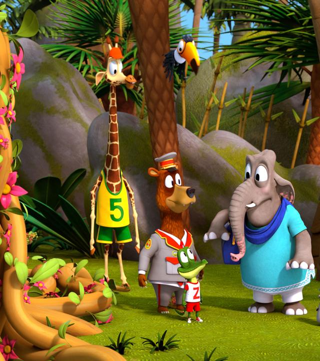 Die Zootiere stehen staunend vor den verschlungen Ranken einer blühenden Schlingpflanze.