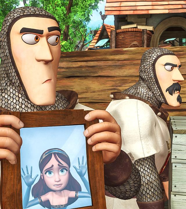 Zwei Männer des Sheriffs, einer davon hält einen Spiegel hoch, in dem das Gesicht von Marian zu sehen ist.