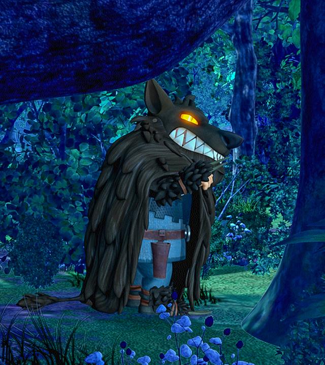 Robin hält Tuck den Mund zu, als dieser sich wegen des Werwolfs im Wald erschrickt.