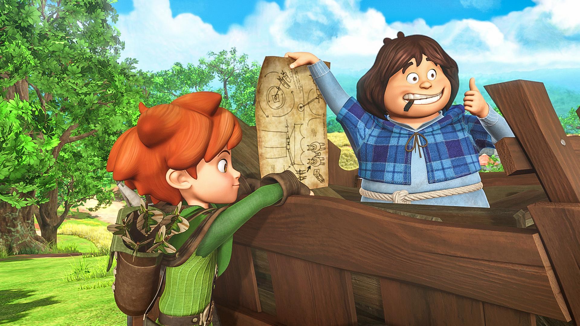 Robin und Tuck helfen bei der Reparatur der zerstörten Windmühle von Nottingham. Tuck hat einen Nagel im Mund und hält einen Plan der Mühle hoch. Robin schaut zu.