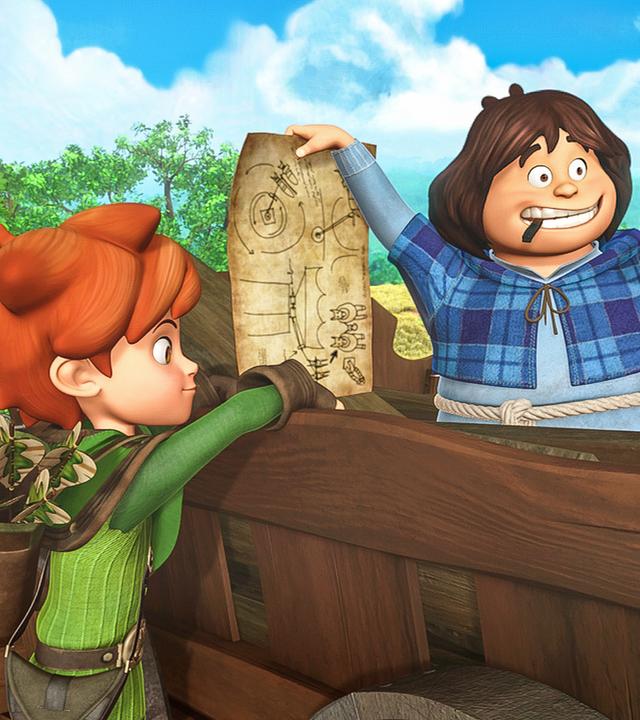 Robin und Tuck helfen bei der Reparatur der zerstörten Windmühle von Nottingham. Tuck hat einen Nagel im Mund und hält einen Plan der Mühle hoch. Robin schaut zu.