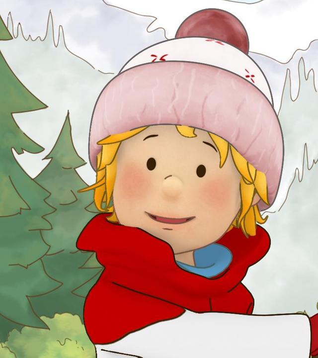 Conni spielt im Schnee. Dafür hat sie eine dicke Mütze und warme Kleidung an. Hinter ihr sind hohe Berge zu sehen, die mit Schnee bedeckt sind.