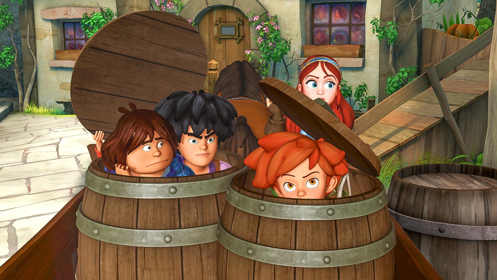 Marian schmuggelt Tuck, Little John und Robin in Fässern ins Schloss. 