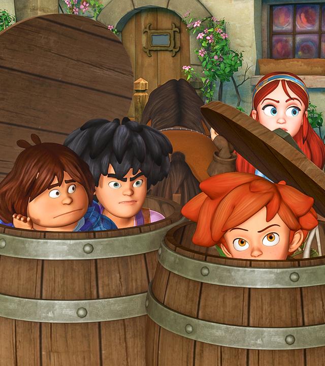 Marian schmuggelt Tuck, Little John und Robin in Fässern ins Schloss. 