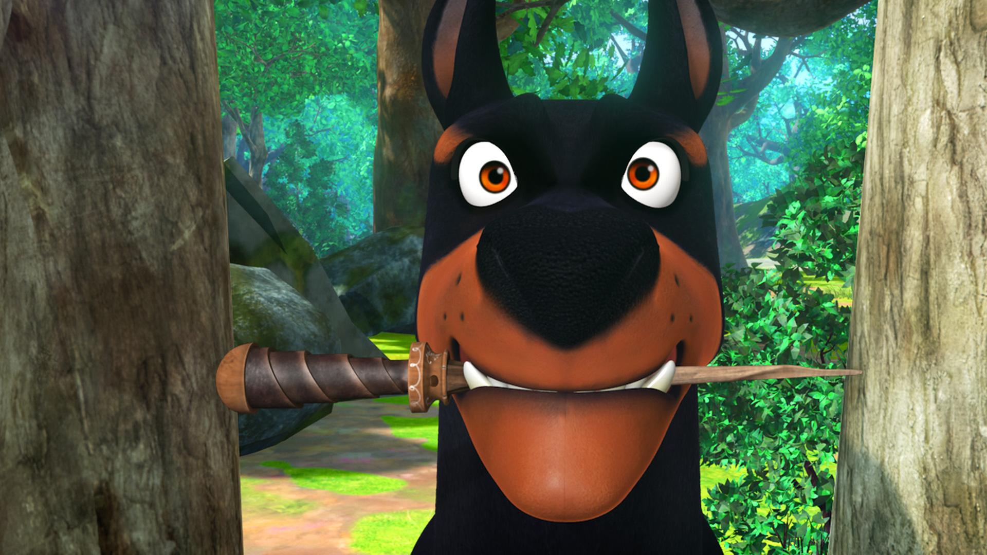 Hund Flynn hält Marians Zauberstab im Maul und hält es für ein Stöckchen.