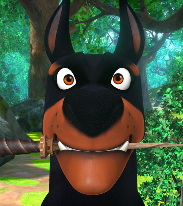 Hund Flynn hält Marians Zauberstab im Maul und hält es für ein Stöckchen.