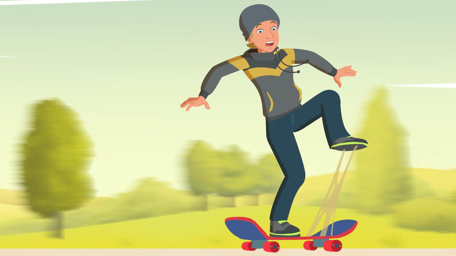 Benny klebt mit seinem Schuh am Skateboard fest.